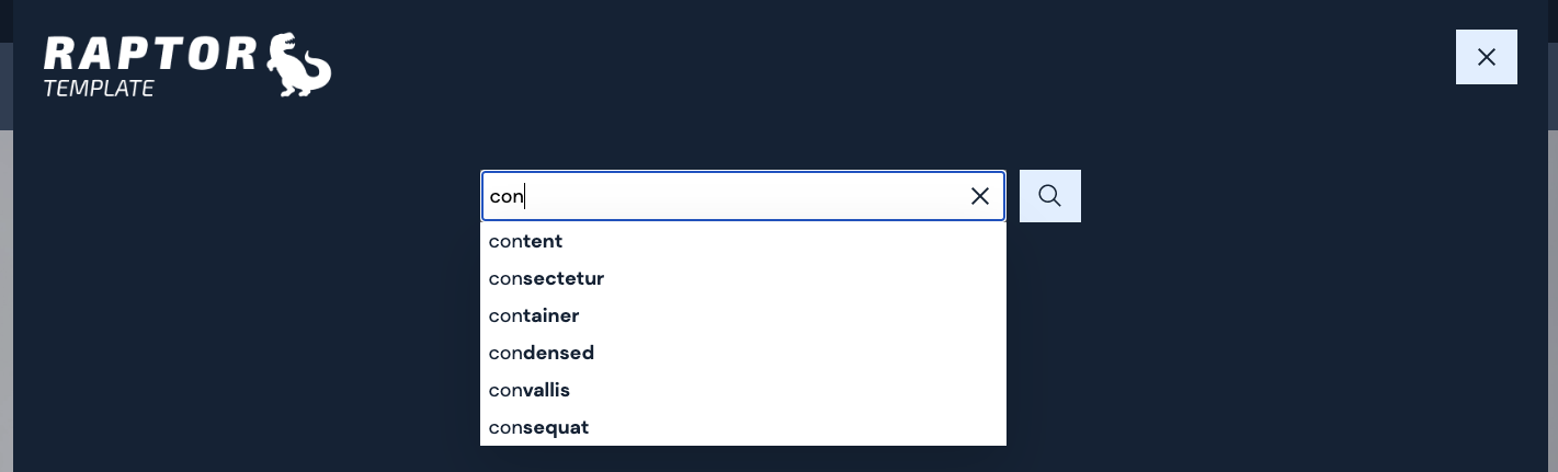 Screenshot of Raptor template search available within modal within the header