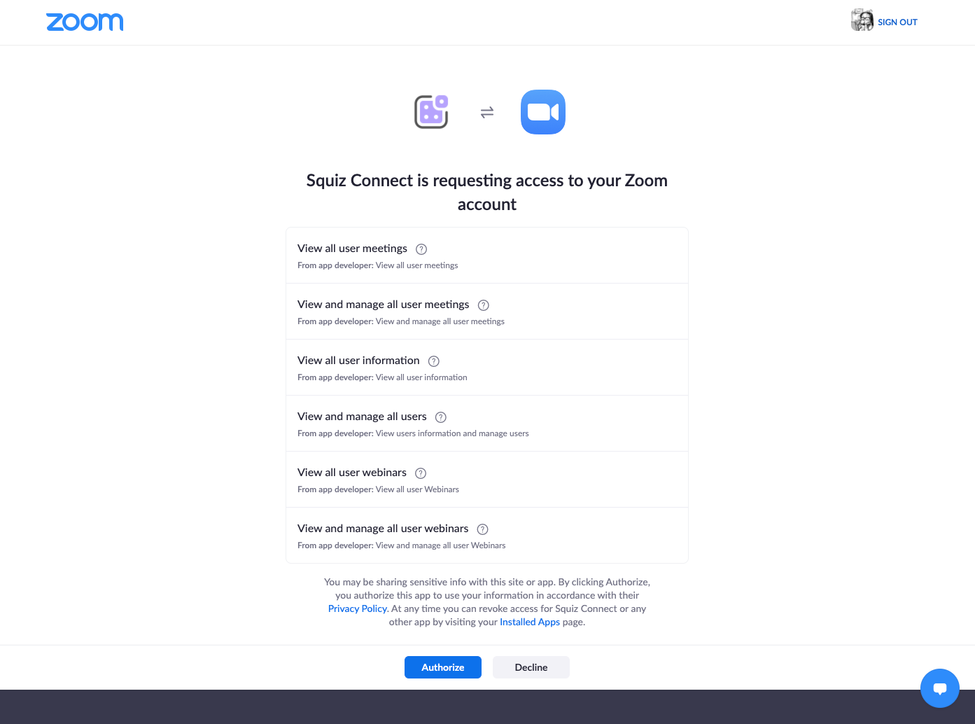 Zoom consent screen